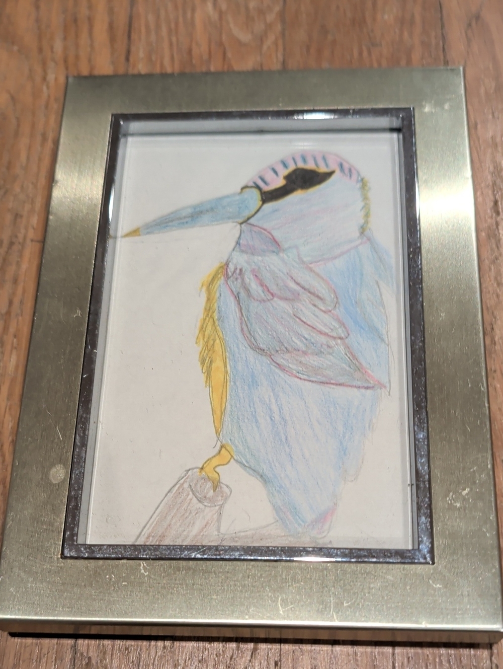 Hand Drawn Framed Blue and Yellow Bird Artwork Vintage Artist